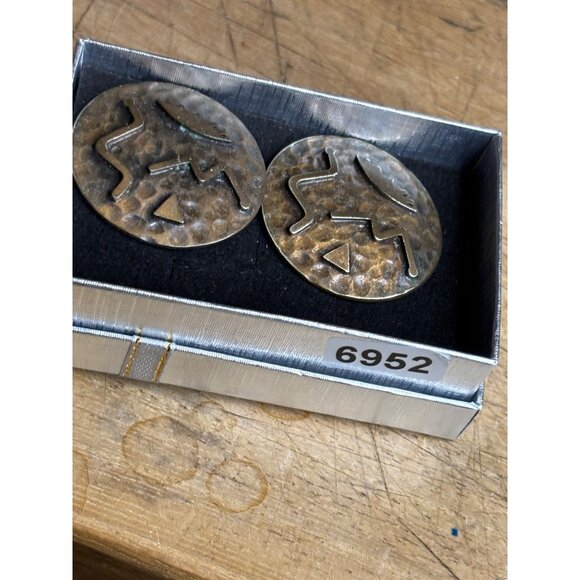 Vintage Brass Round Earrings With Geometric Tribal Design - Picture 2 of 6